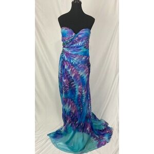 La Femme Blue Purple Watercolor Rhinestone Strapless Formal Prom Gown Dress Sz 6